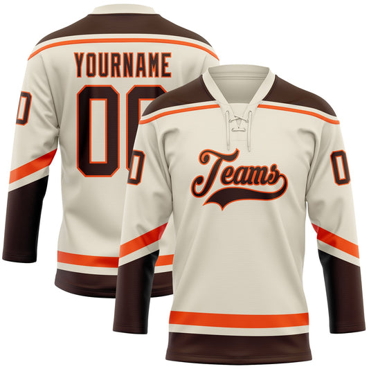 Custom Cream Brown-Orange Hockey Lace Neck Jersey - Main View