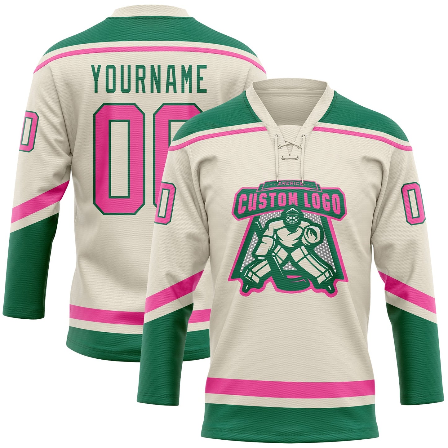 Custom Cream Pink-Kelly Green Hockey Lace Neck Jersey view 2