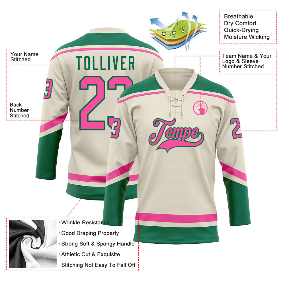 Custom Cream Pink-Kelly Green Hockey Lace Neck Jersey view 4