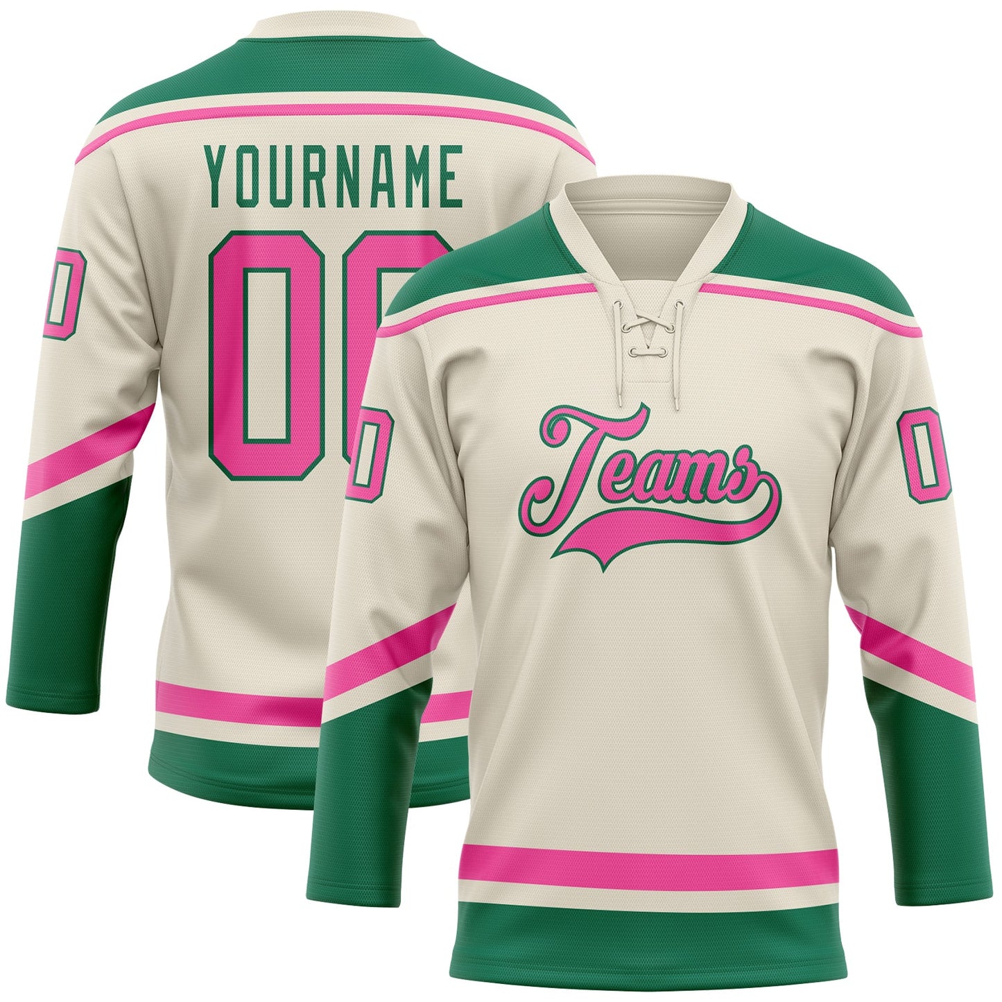 Custom Cream Pink-Kelly Green Hockey Lace Neck Jersey - Main View
