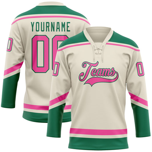 Custom Cream Pink-Kelly Green Hockey Lace Neck Jersey - Main View