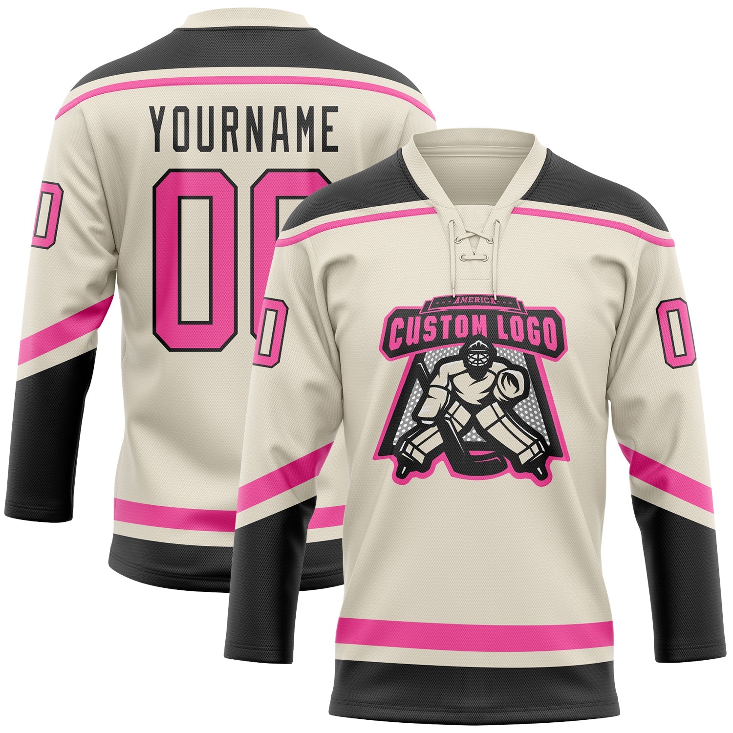 Custom Cream Pink-Black Hockey Lace Neck Jersey view 2