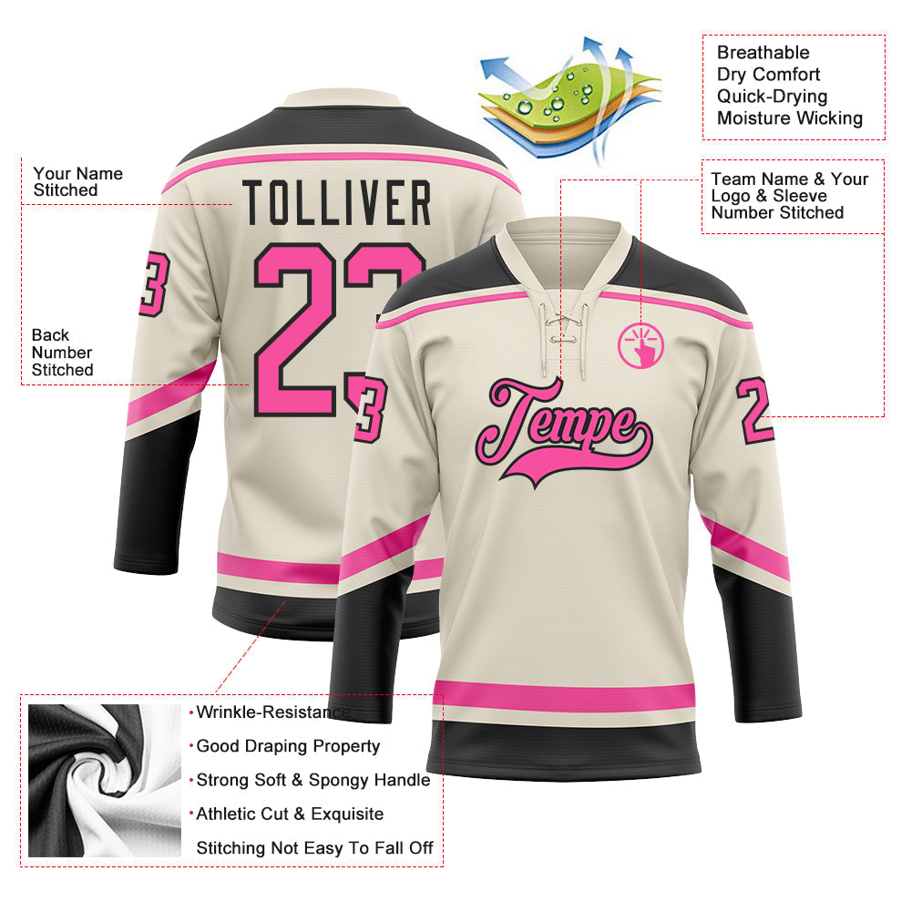 Custom Cream Pink-Black Hockey Lace Neck Jersey view 3