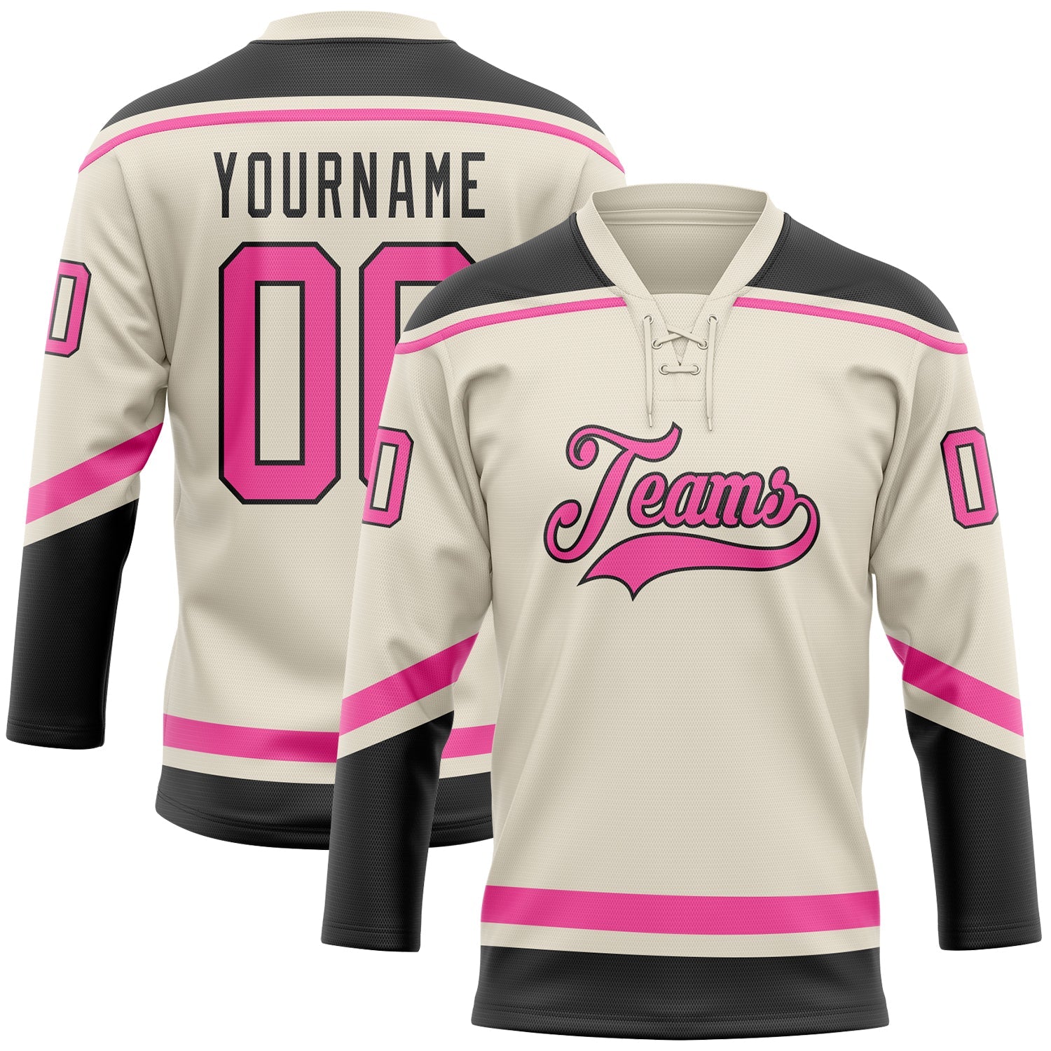 Custom Cream Pink-Black Hockey Lace Neck Jersey - Main View