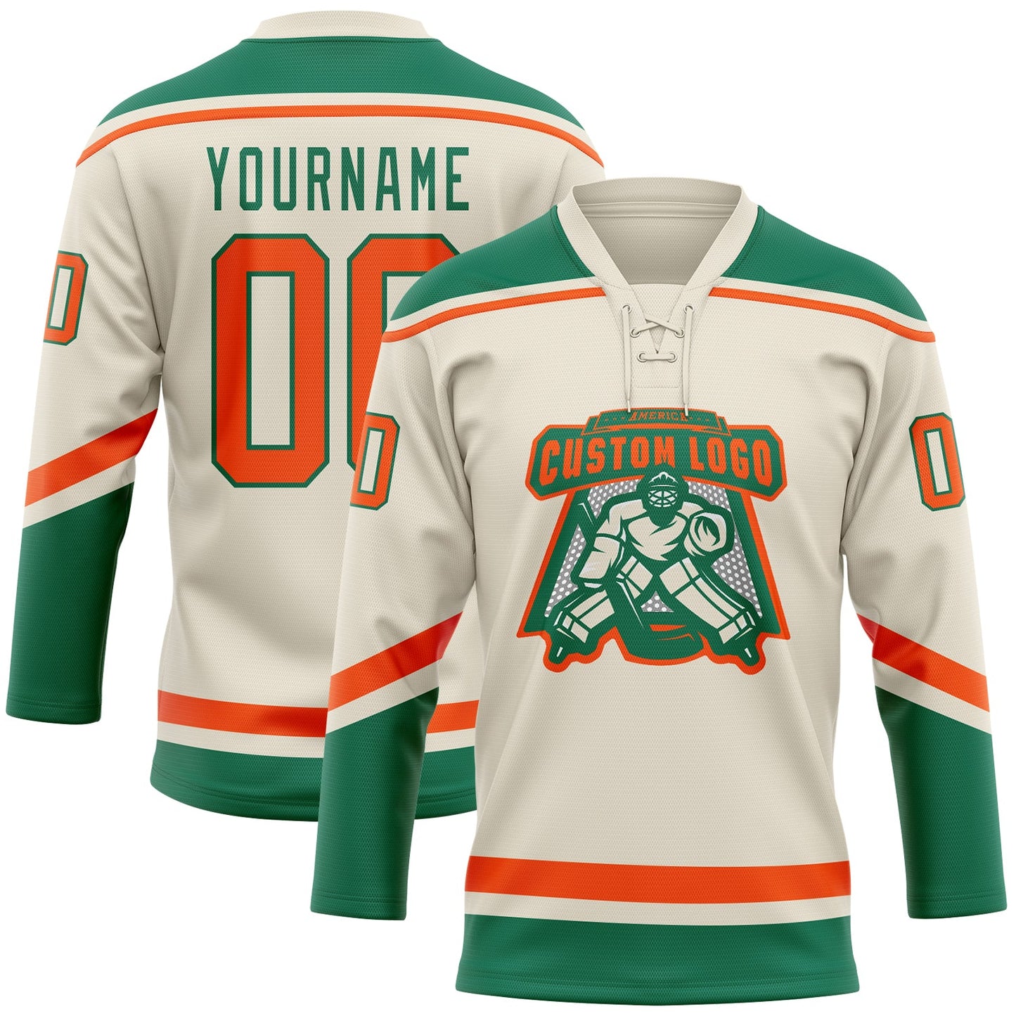 Custom Cream Orange-Kelly Green Hockey Lace Neck Jersey view 3