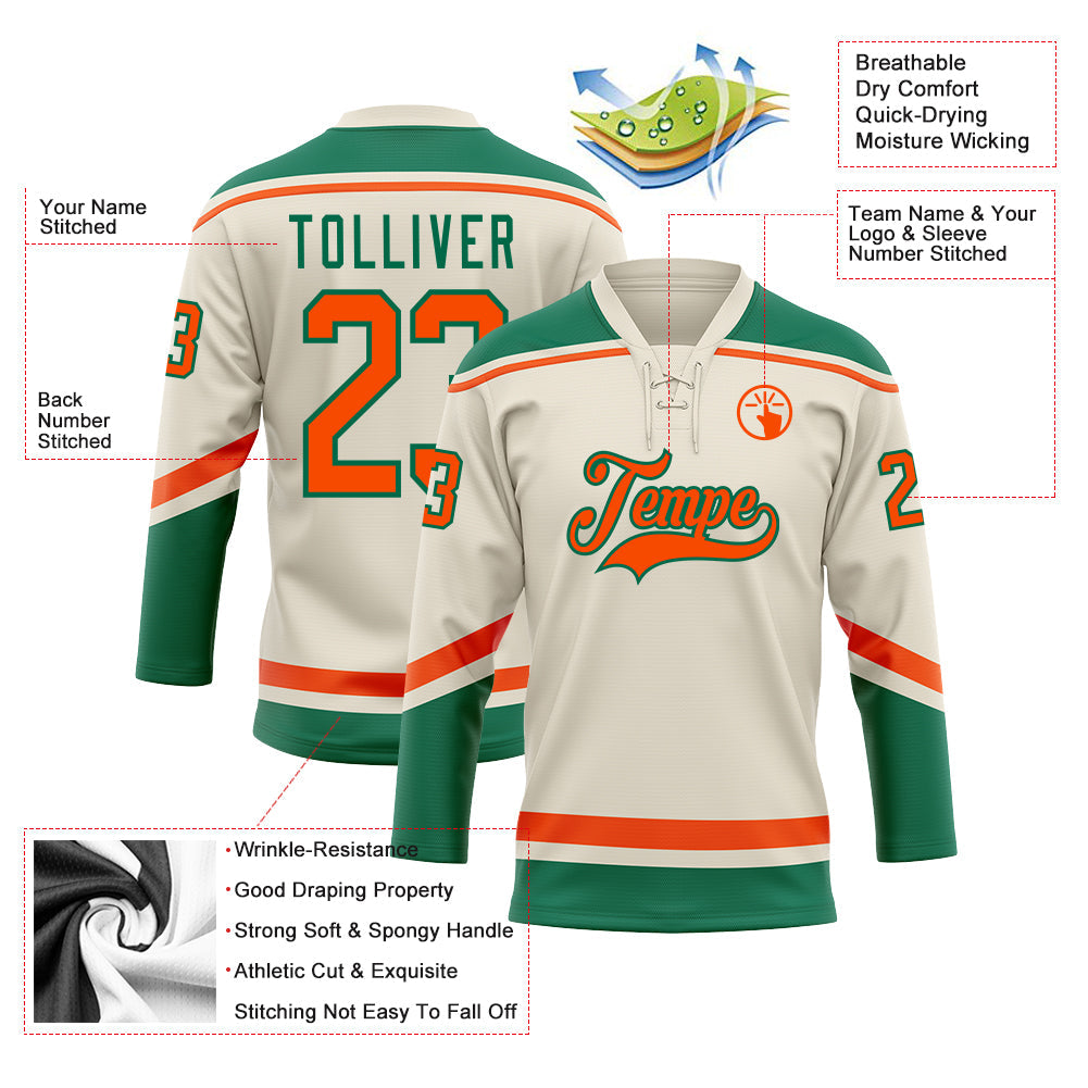 Custom Cream Orange-Kelly Green Hockey Lace Neck Jersey view 4