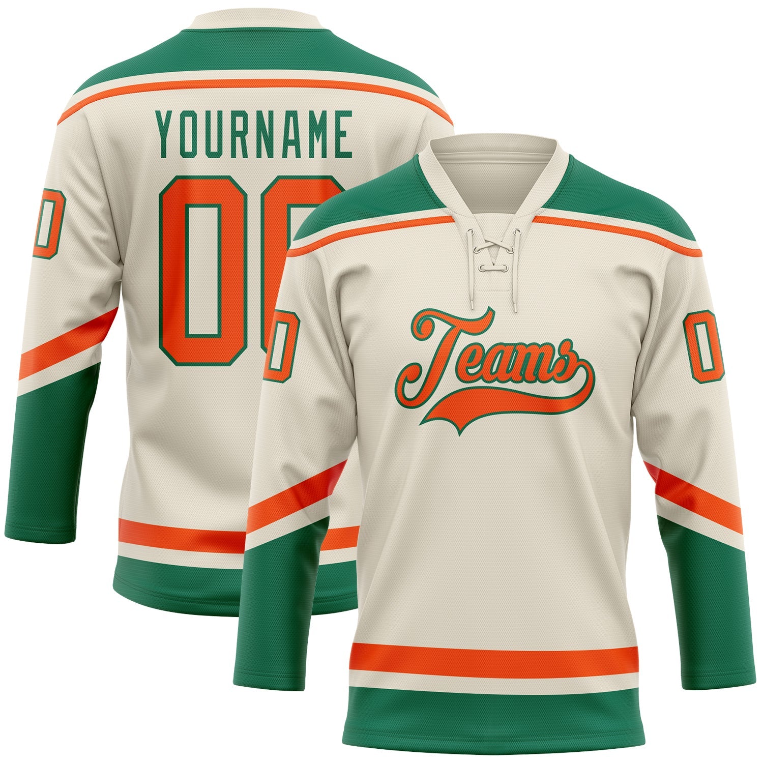 Custom Cream Orange-Kelly Green Hockey Lace Neck Jersey - Main View
