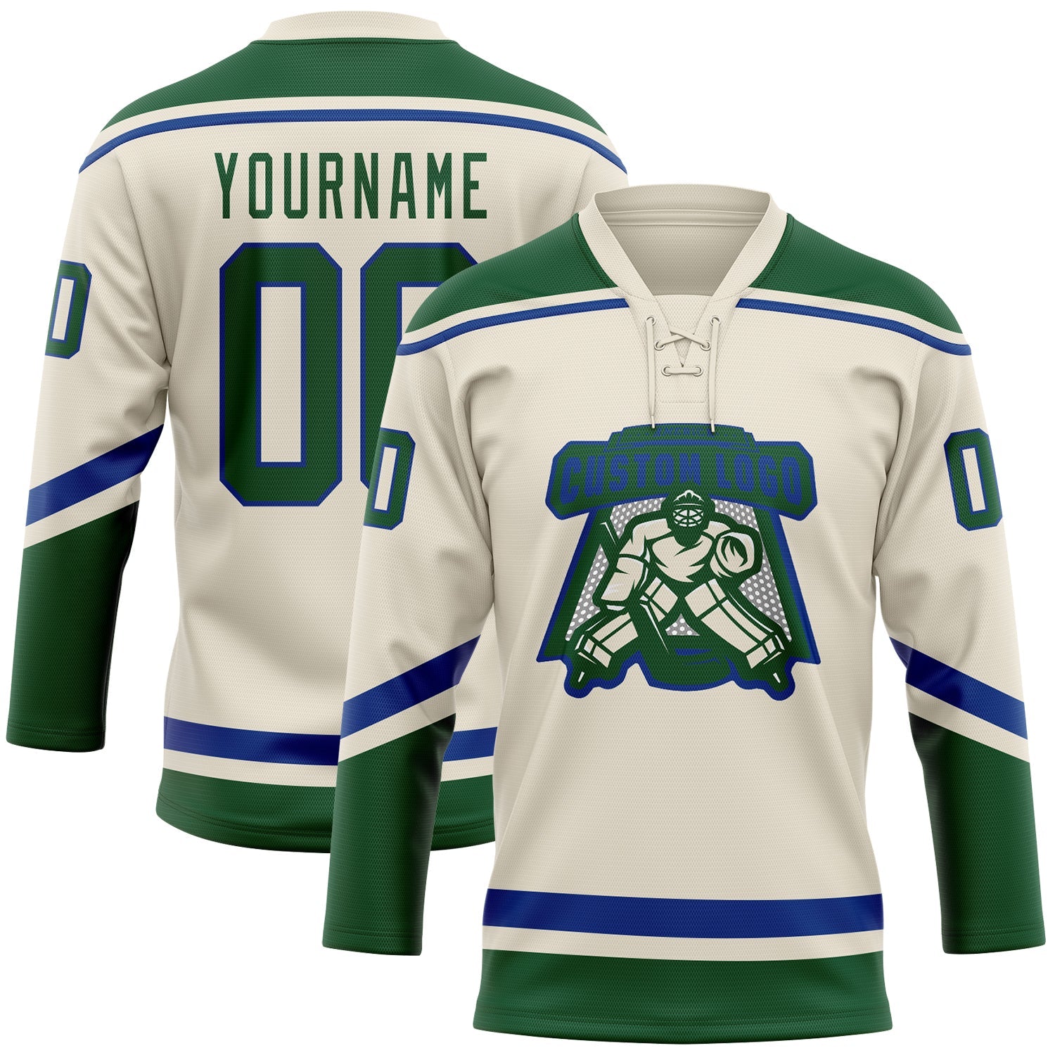 Custom Cream Green-Royal Hockey Lace Neck Jersey view 2