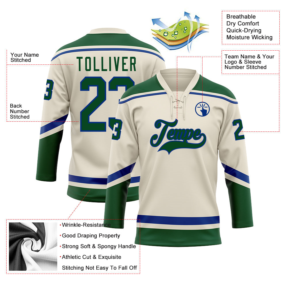 Custom Cream Green-Royal Hockey Lace Neck Jersey view 3