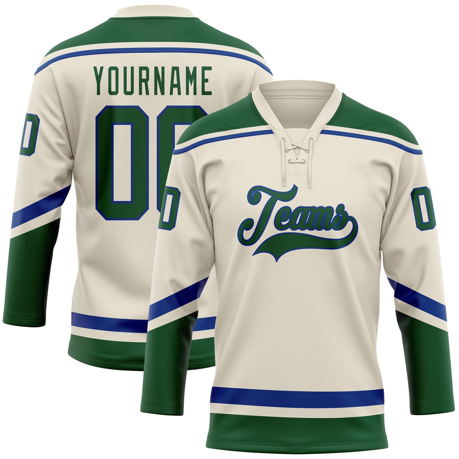 Custom Cream Green-Royal Hockey Lace Neck Jersey - Main View