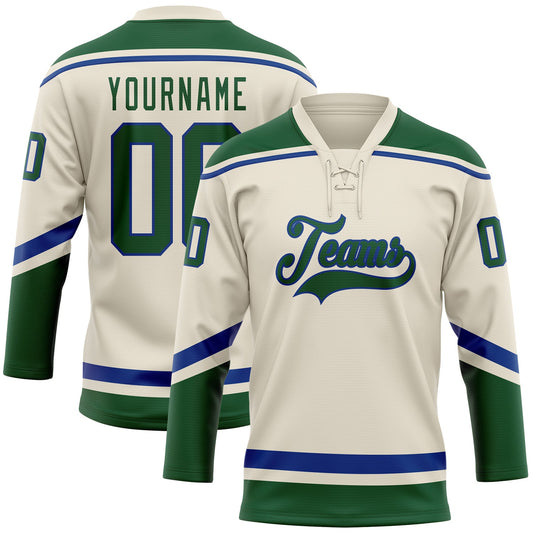Custom Cream Green-Royal Hockey Lace Neck Jersey - Main View