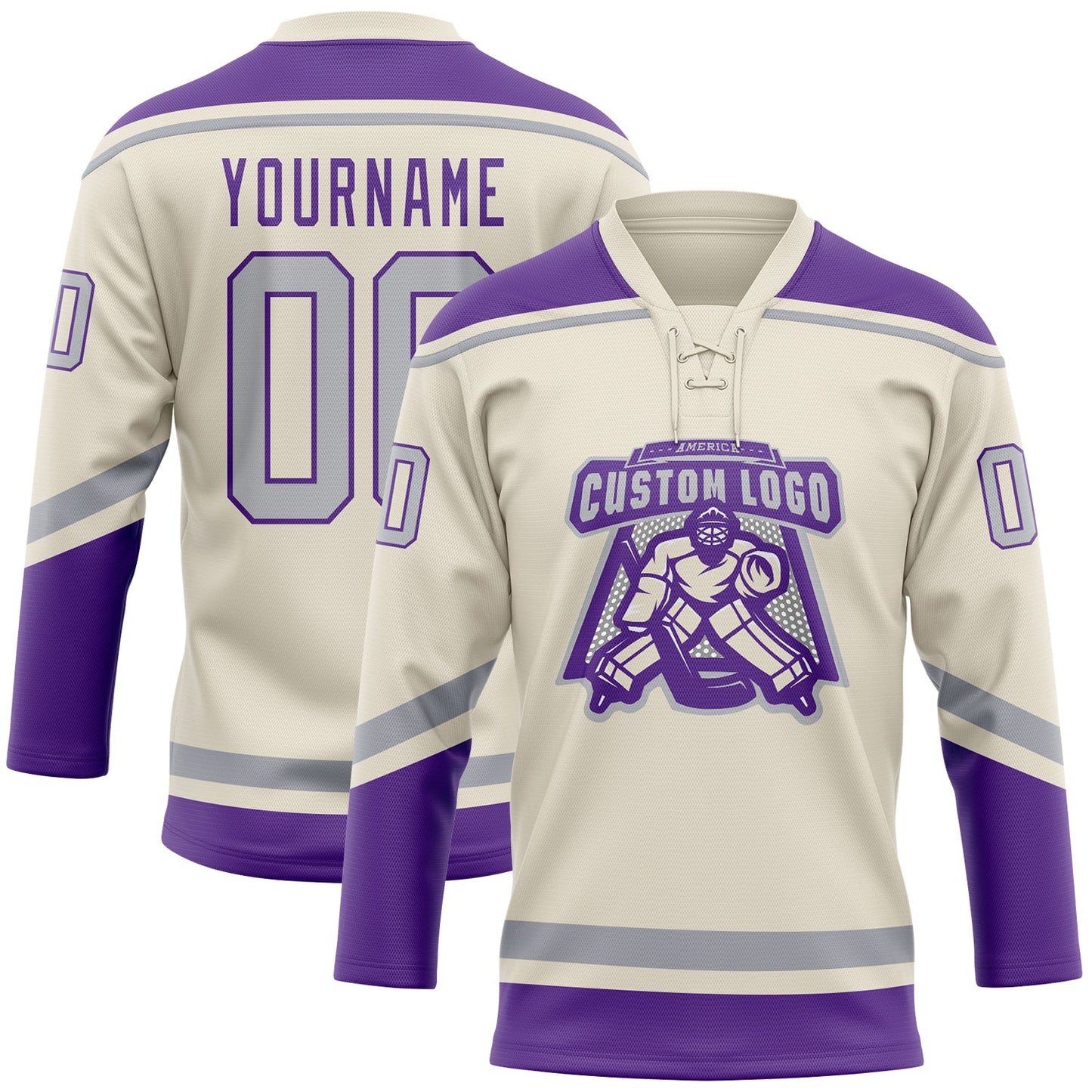 Custom Cream Gray-Purple Hockey Lace Neck Jersey view 2
