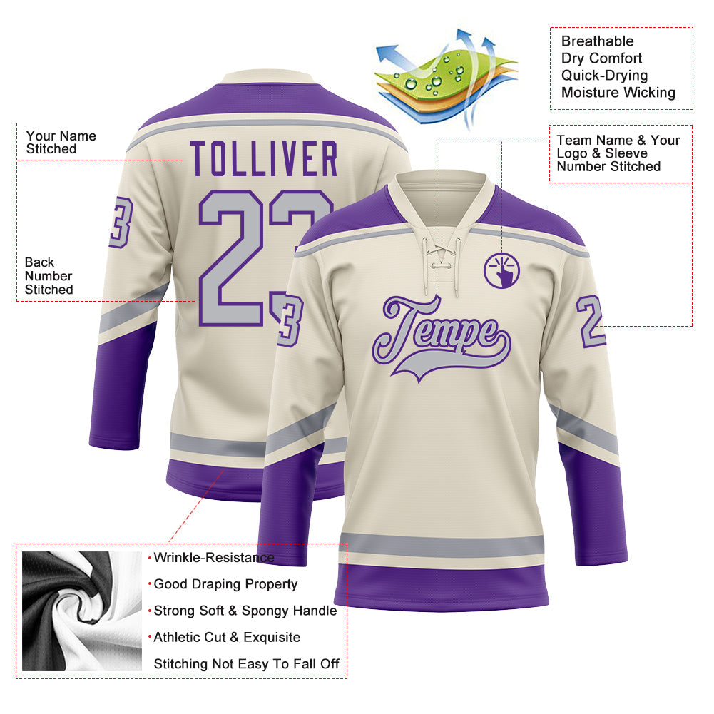 Custom Cream Gray-Purple Hockey Lace Neck Jersey view 3