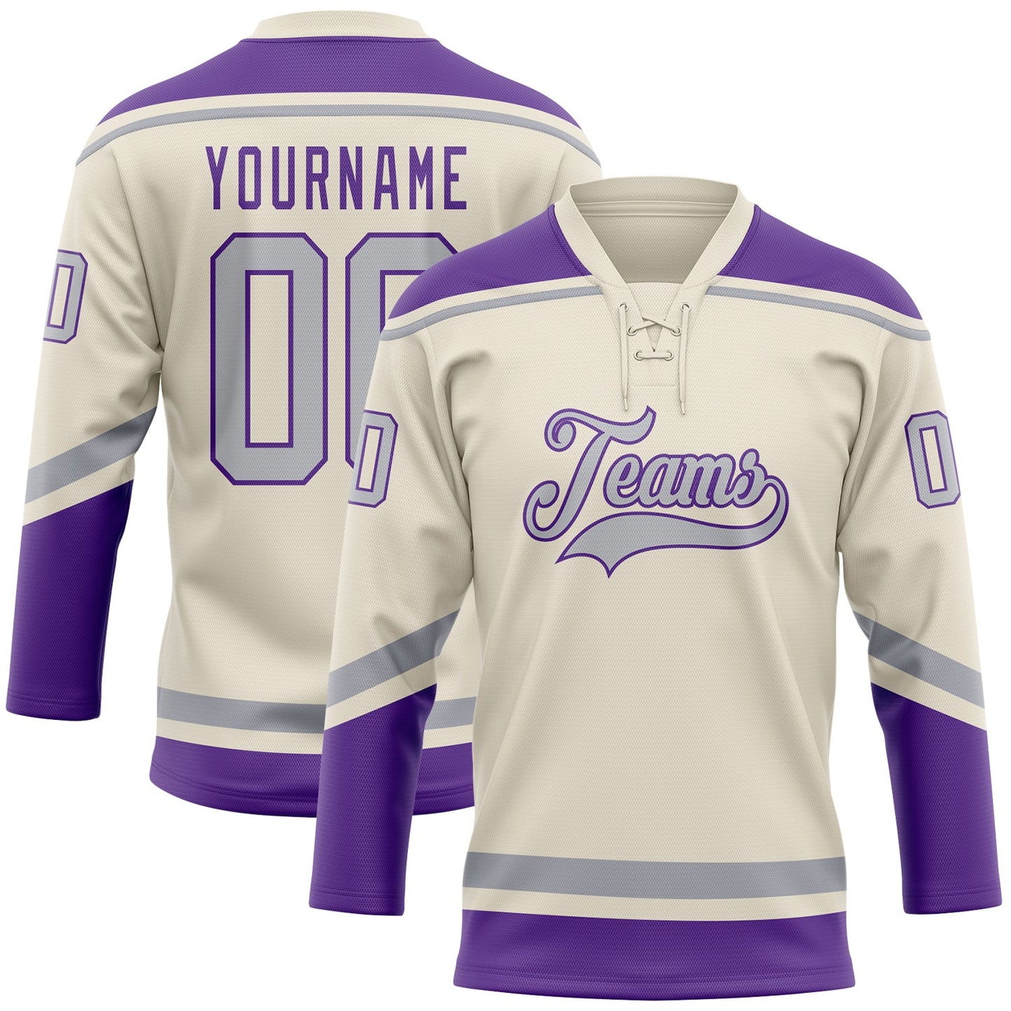 Custom Cream Gray-Purple Hockey Lace Neck Jersey - Main View