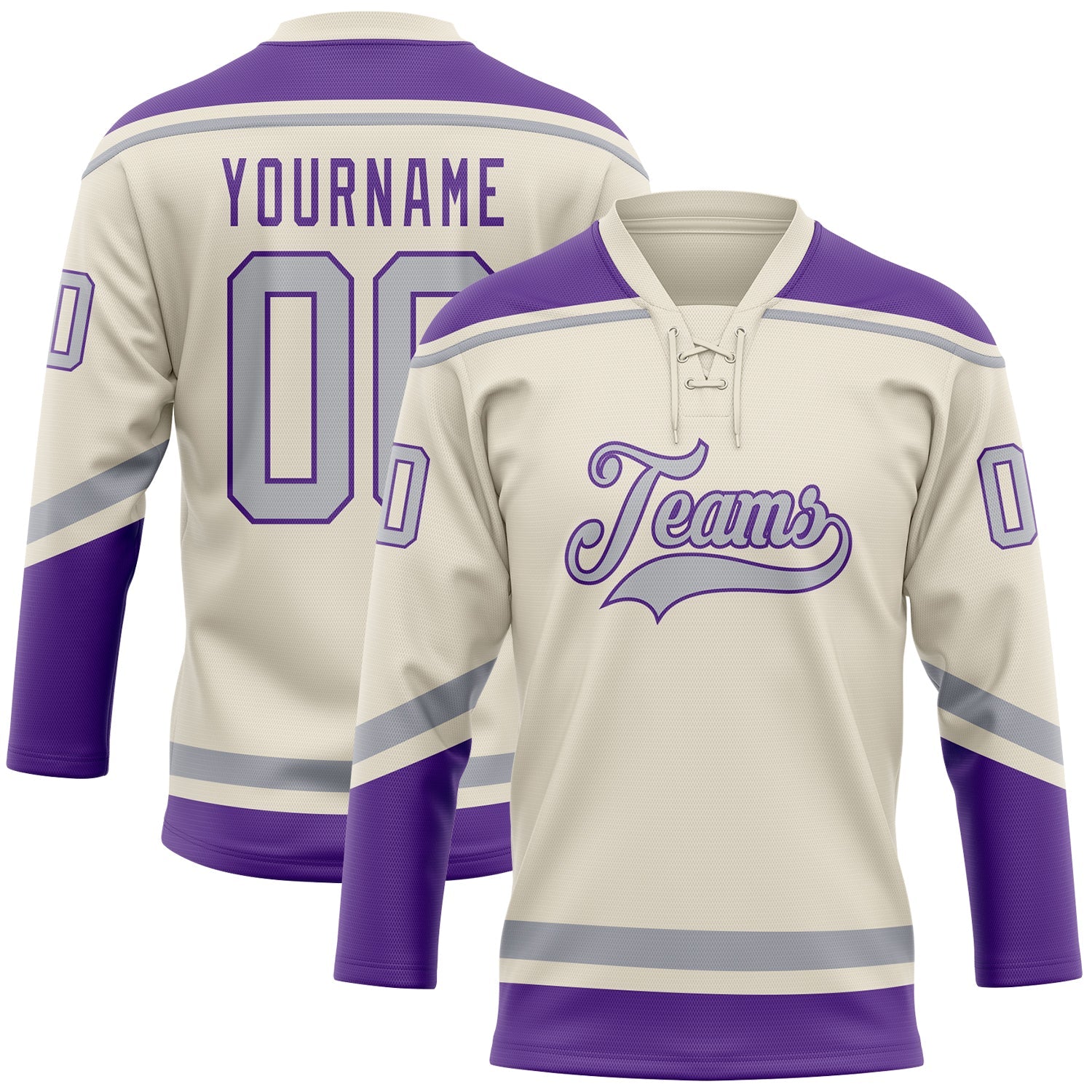 Custom Cream Gray-Purple Hockey Lace Neck Jersey - Main View