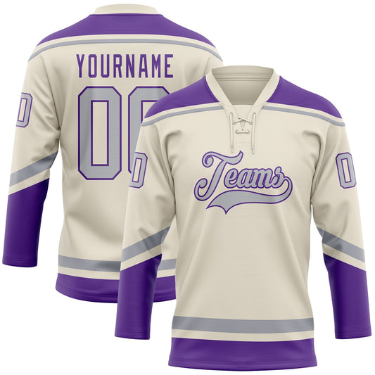 Custom Cream Gray-Purple Hockey Lace Neck Jersey - Main View
