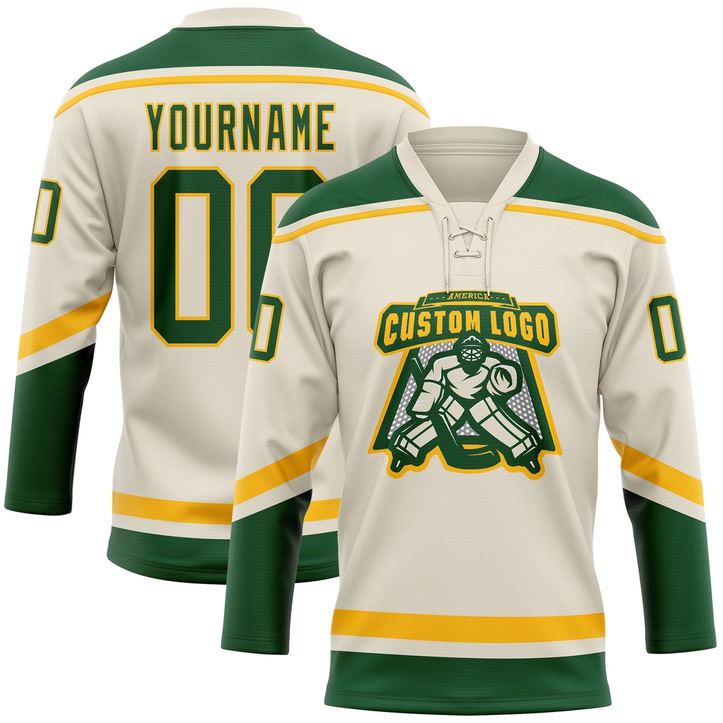 Custom Cream Green-Gold Hockey Lace Neck Jersey view 2
