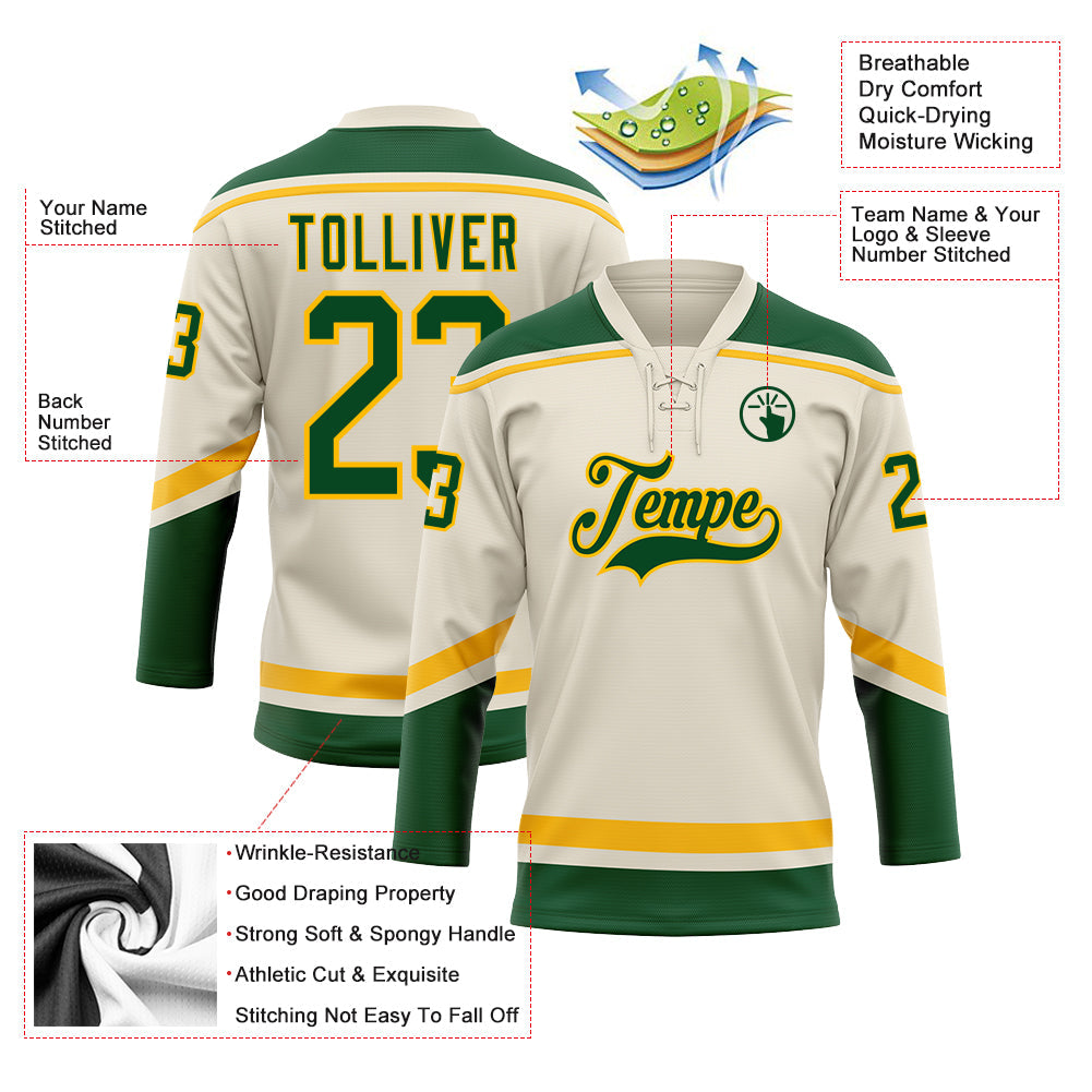 Custom Cream Green-Gold Hockey Lace Neck Jersey view 3