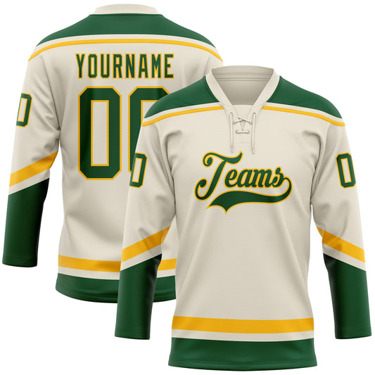 Custom Cream Green-Gold Hockey Lace Neck Jersey - Main View