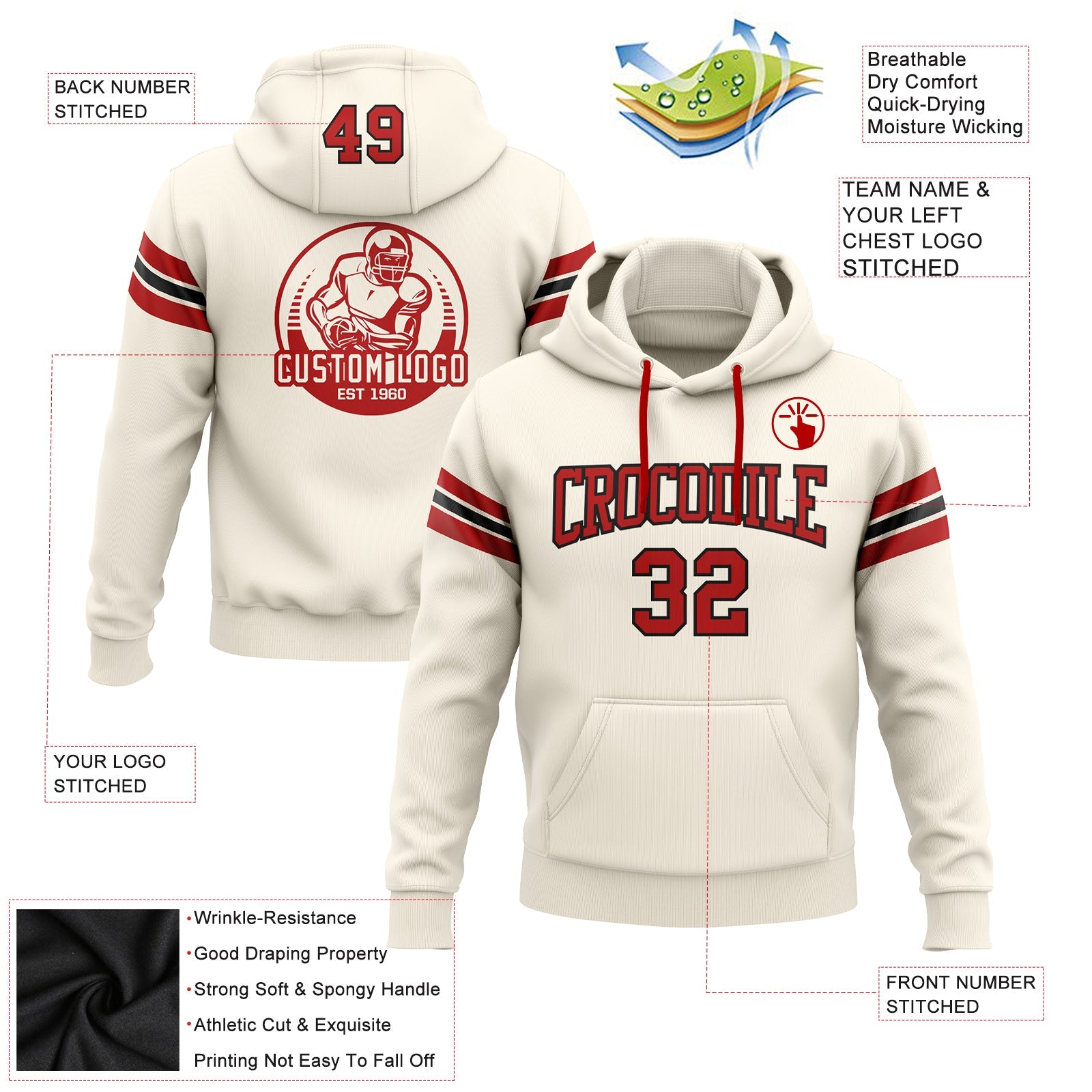 Custom Stitched Cream Red-Black Football Pullover Sweatshirt Hoodie view 2