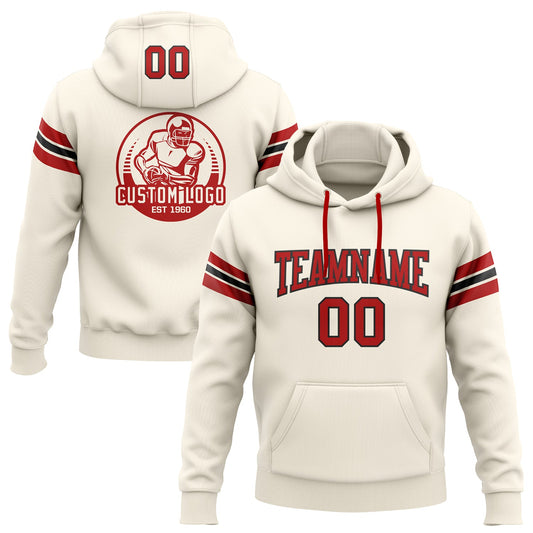 Custom Stitched Cream Red-Black Football Pullover Sweatshirt Hoodie - Main View
