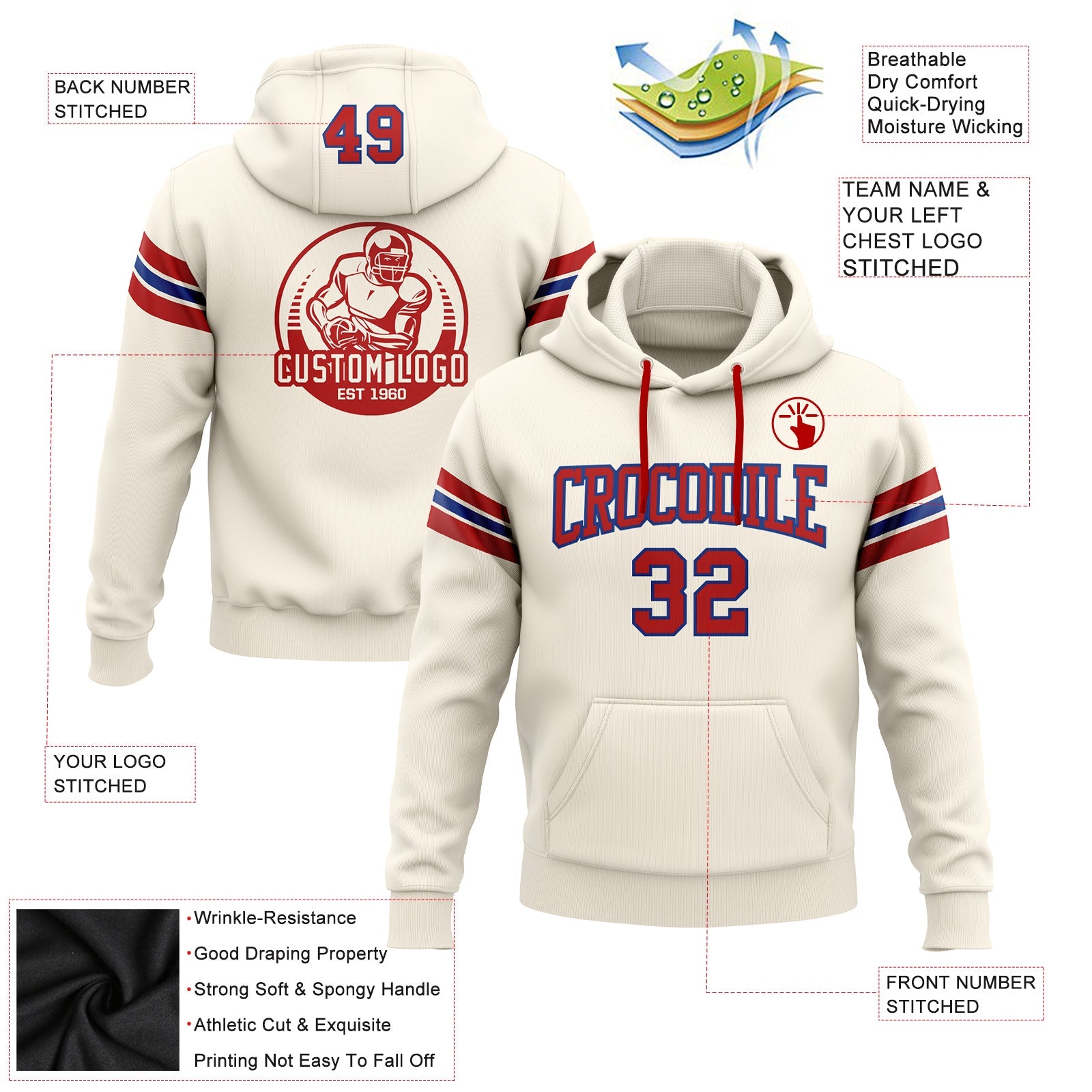 Custom Stitched Cream Red-Royal Football Pullover Sweatshirt Hoodie view 2