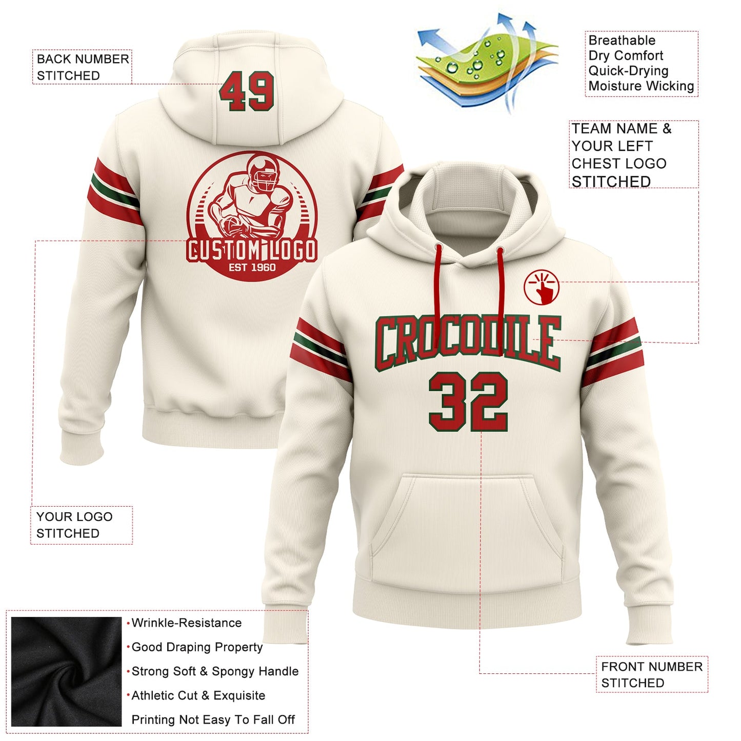Custom Stitched Cream Red-Green Football Pullover Sweatshirt Hoodie view 2