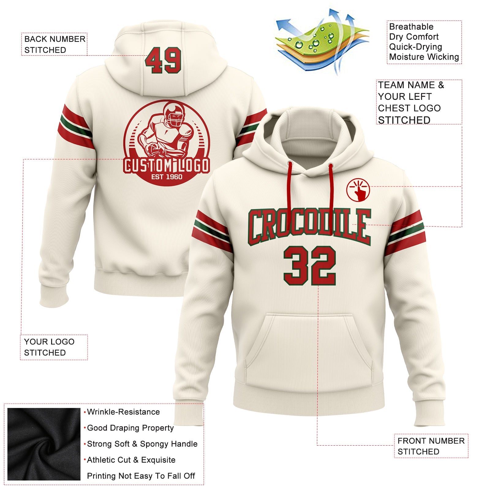 Custom Stitched Cream Red-Green Football Pullover Sweatshirt Hoodie view 2
