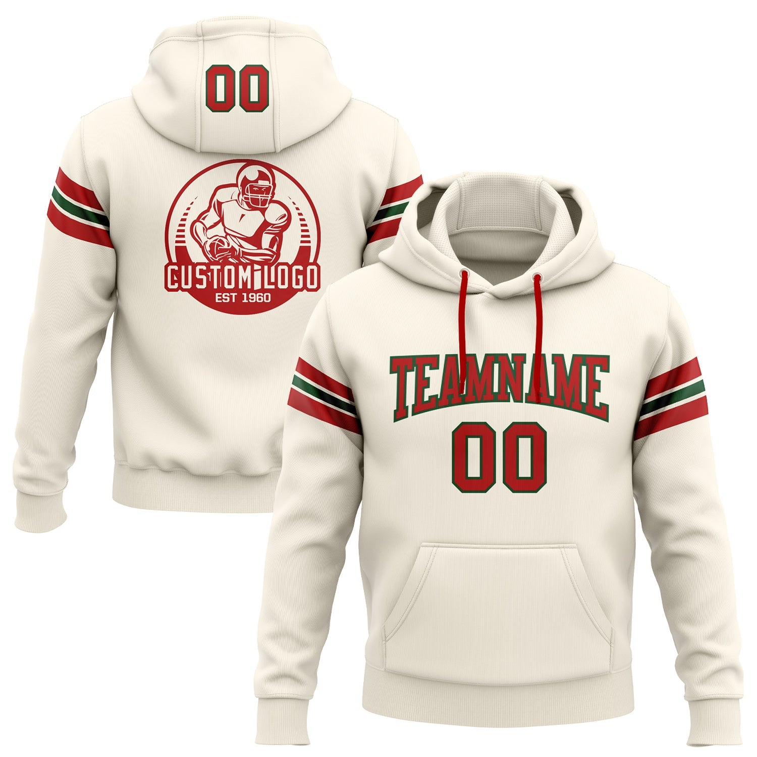 Custom Stitched Cream Red-Green Football Pullover Sweatshirt Hoodie - Main View