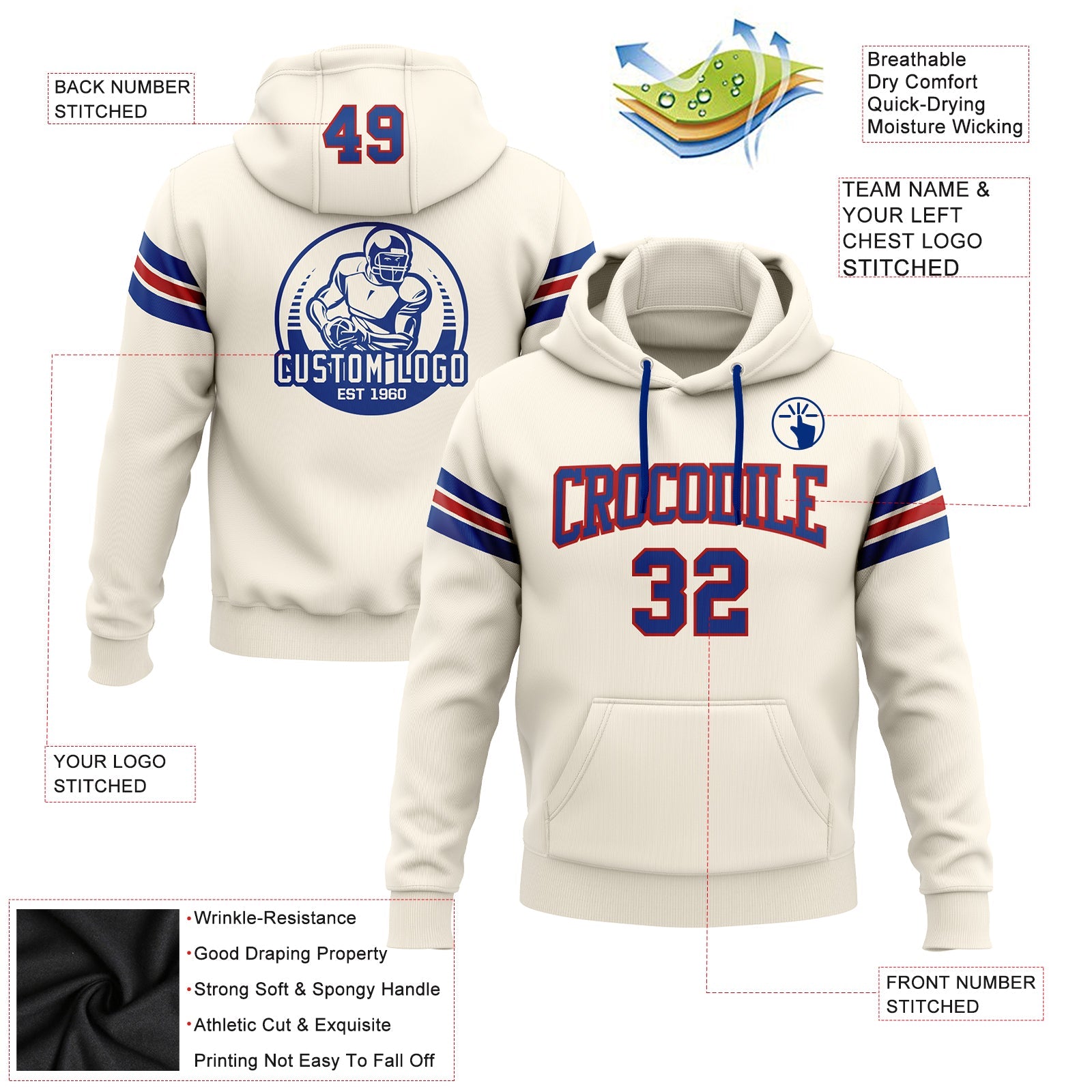 Custom Stitched Cream Royal-Red Football Pullover Sweatshirt Hoodie view 2