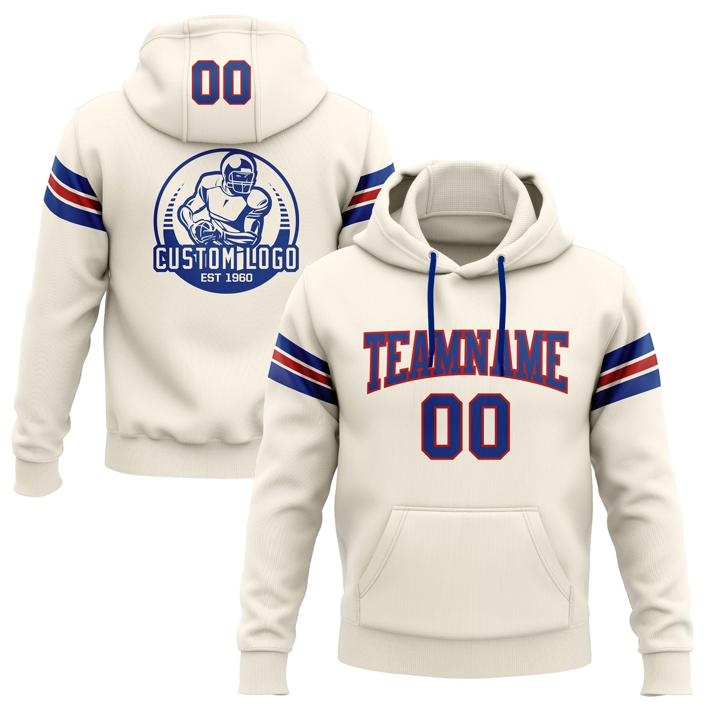 Custom Stitched Cream Royal-Red Football Pullover Sweatshirt Hoodie - Main View