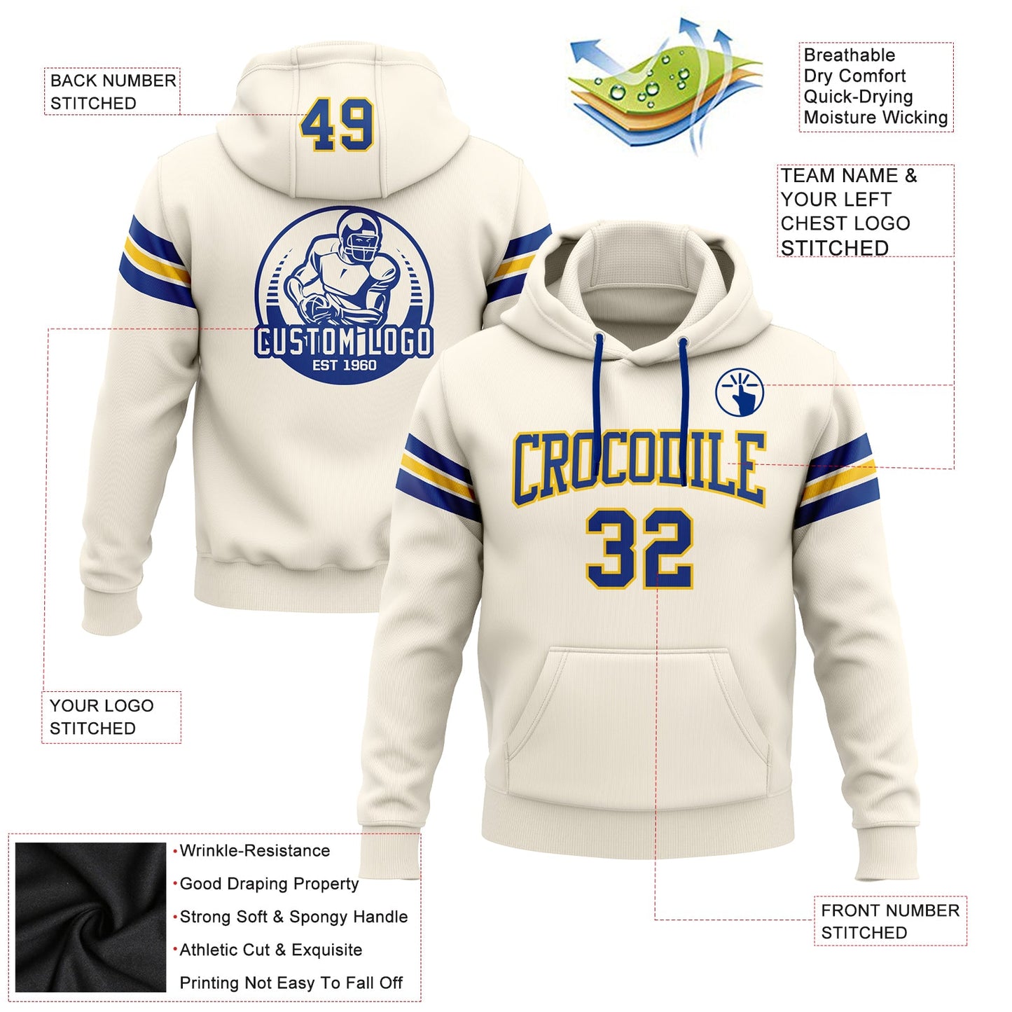 Custom Stitched Cream Royal-Yellow Football Pullover Sweatshirt Hoodie view 2