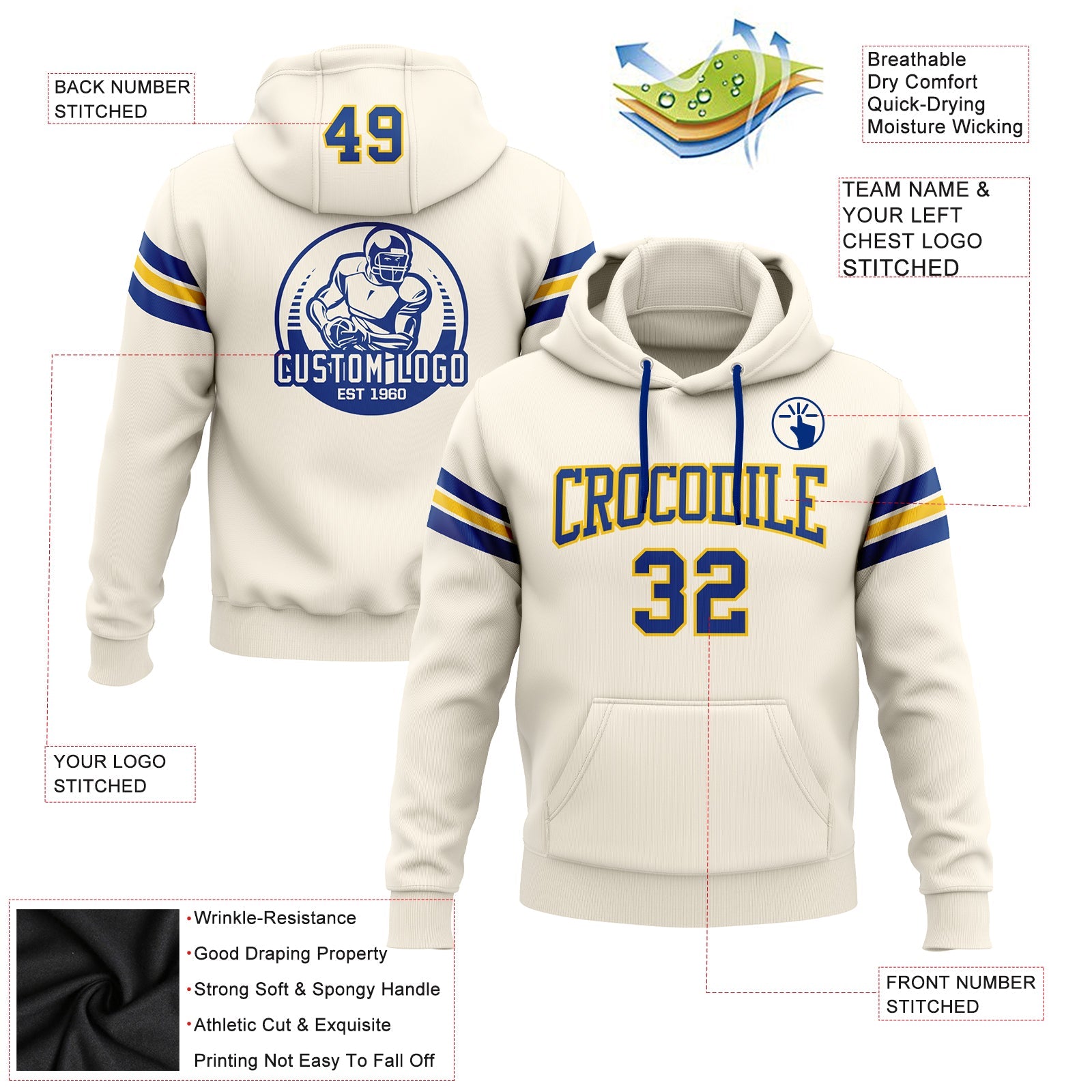 Custom Stitched Cream Royal-Yellow Football Pullover Sweatshirt Hoodie view 2