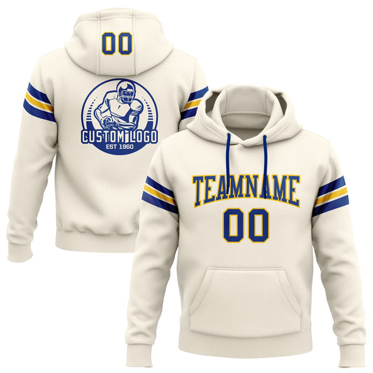 Custom Stitched Cream Royal-Yellow Football Pullover Sweatshirt Hoodie - Main View