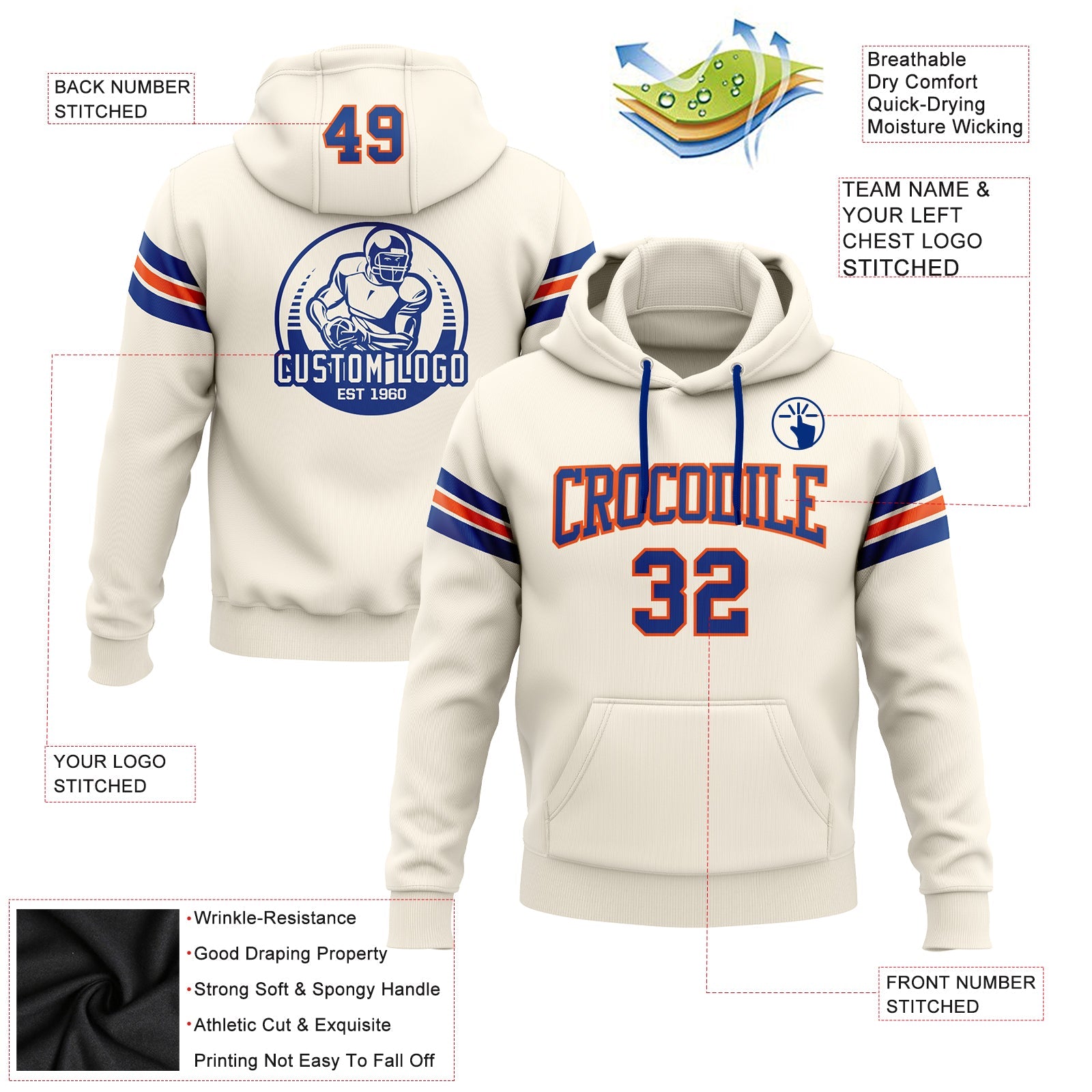 Custom Stitched Cream Royal-Orange Football Pullover Sweatshirt Hoodie view 2