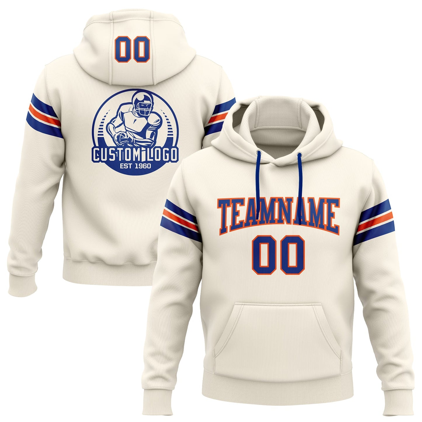 Custom Stitched Cream Royal-Orange Football Pullover Sweatshirt Hoodie - Main View