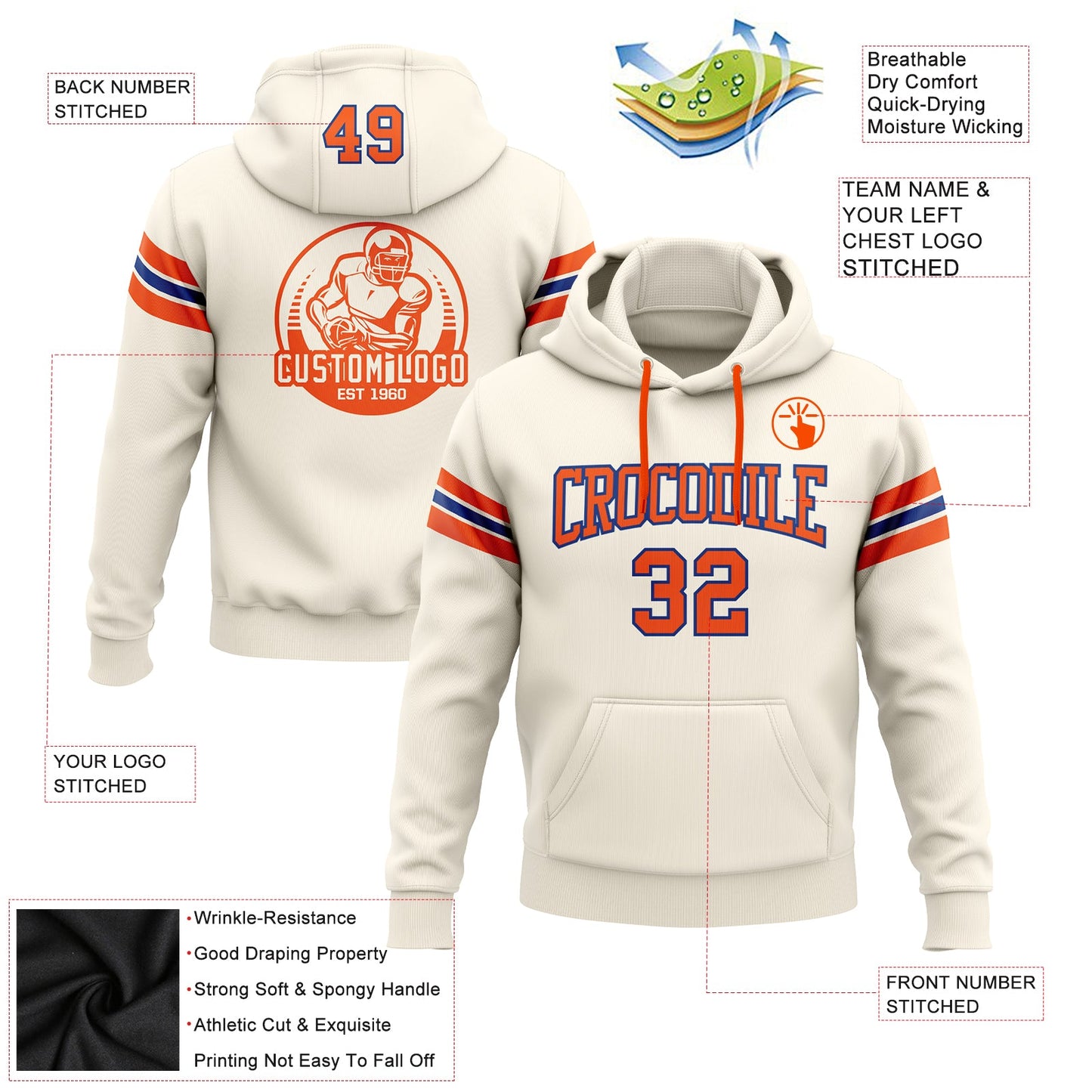Custom Stitched Cream Orange-Royal Football Pullover Sweatshirt Hoodie view 2