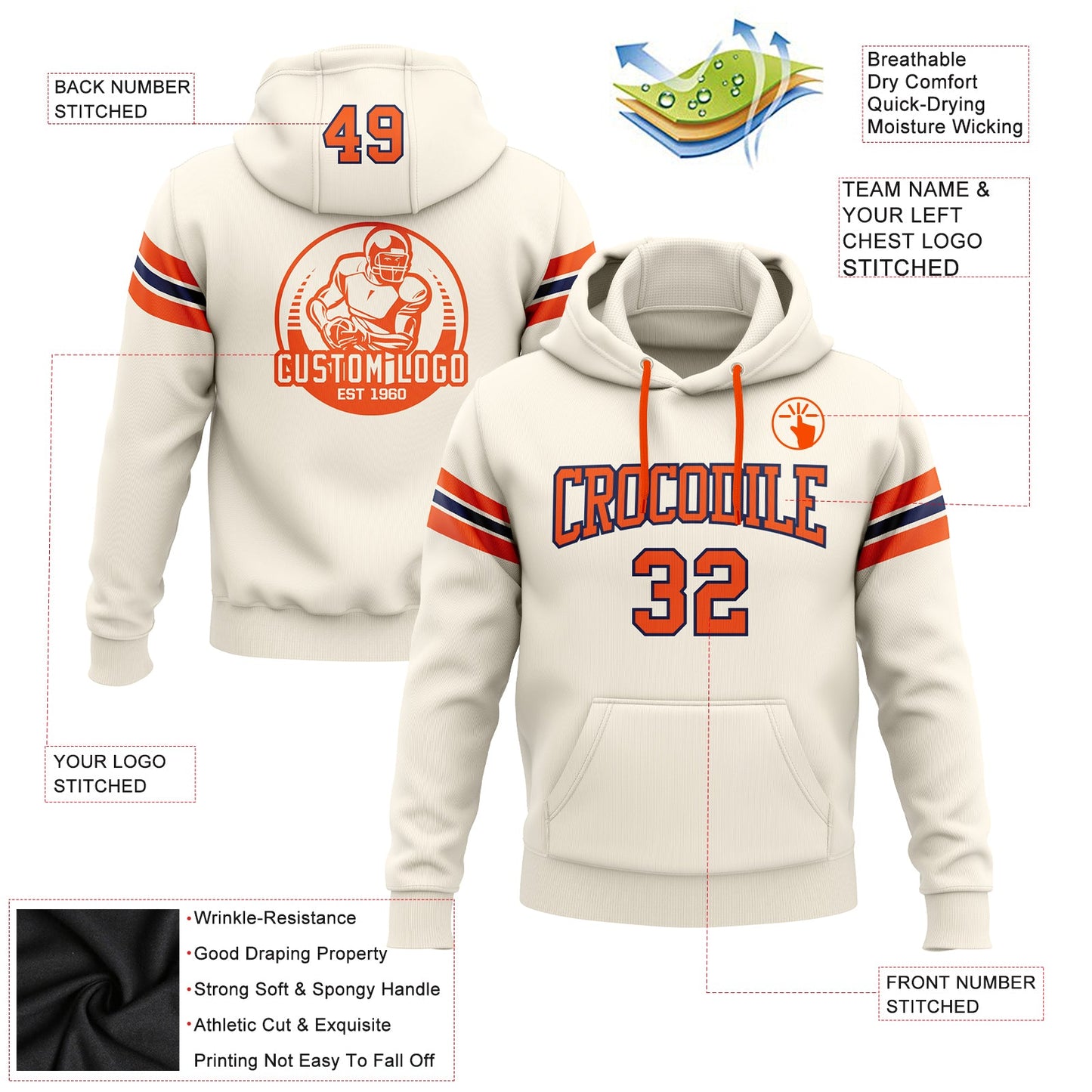 Custom Stitched Cream Orange-Navy Football Pullover Sweatshirt Hoodie view 2