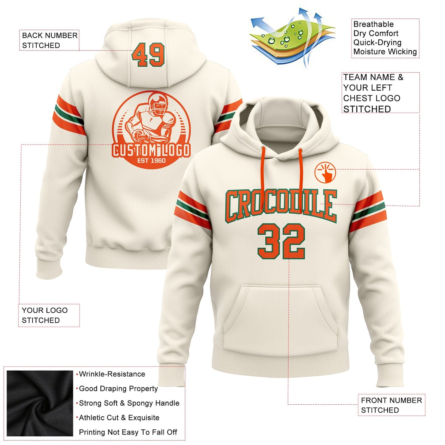 Custom Stitched Cream Orange-Kelly Green Football Pullover Sweatshirt Hoodie view 2