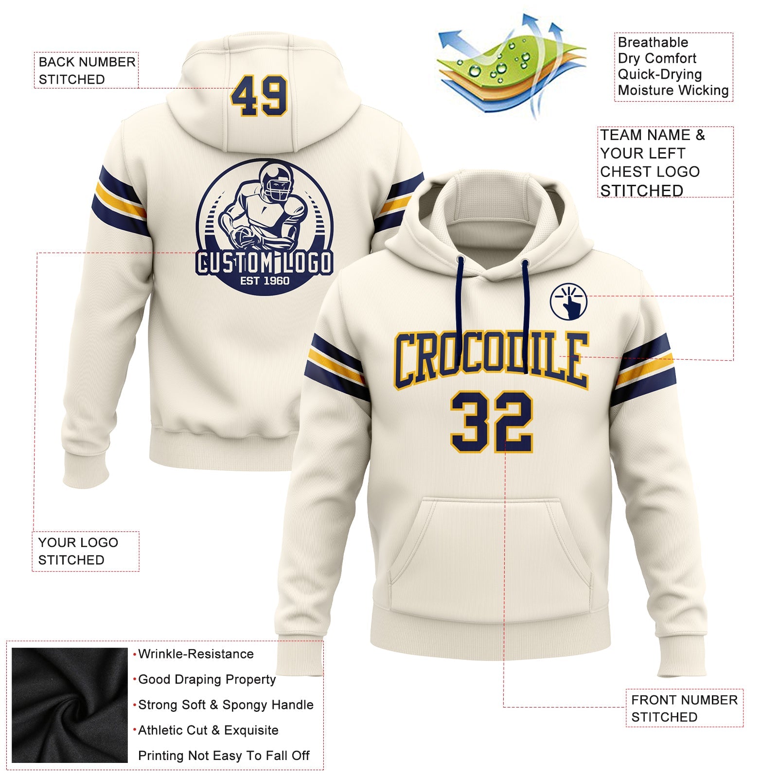 Custom Stitched Cream Navy-Gold Football Pullover Sweatshirt Hoodie view 2