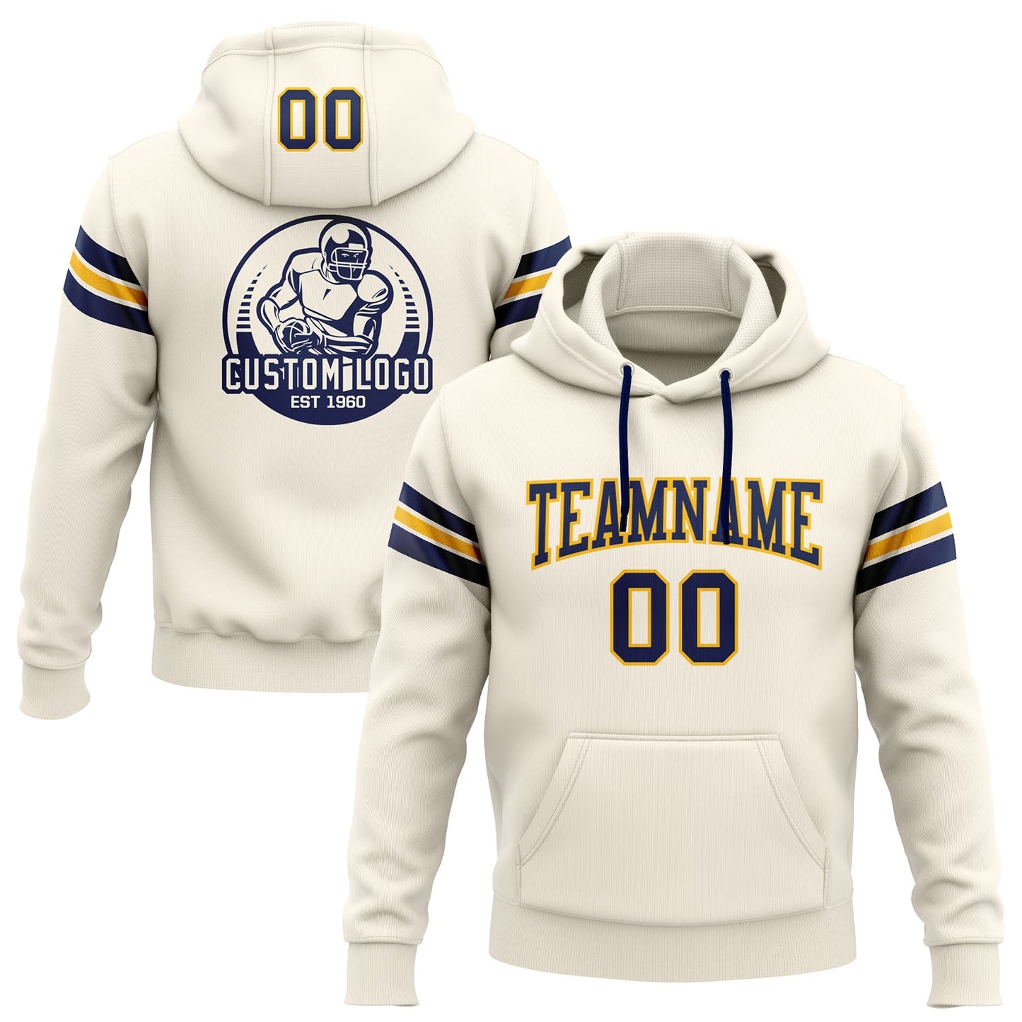 Custom Stitched Cream Navy-Gold Football Pullover Sweatshirt Hoodie - Main View