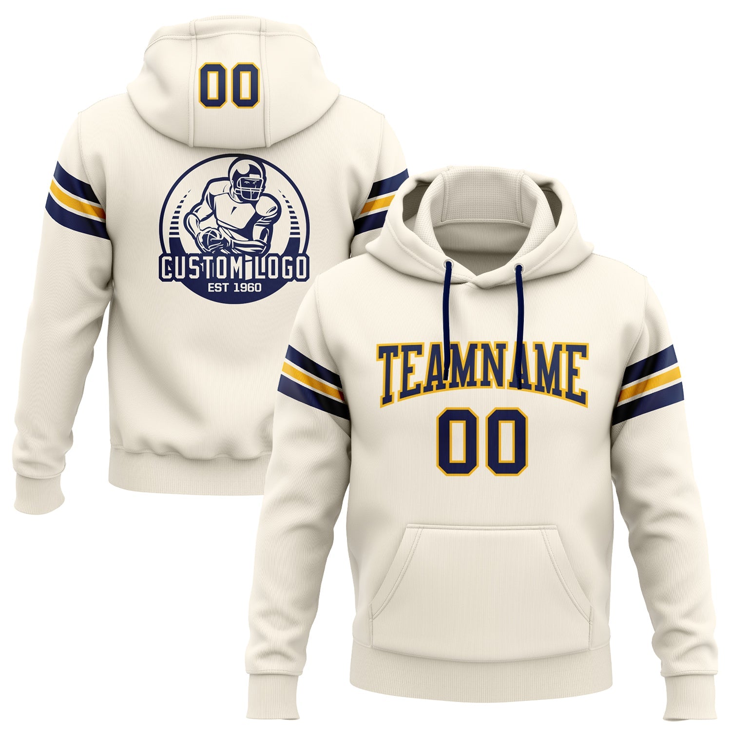 Custom Stitched Cream Navy-Gold Football Pullover Sweatshirt Hoodie - Main View
