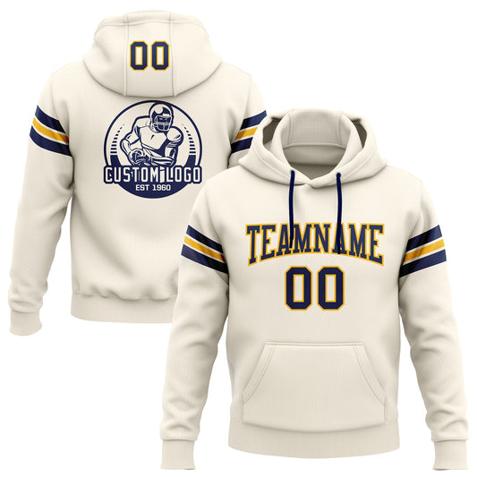 Custom Stitched Cream Navy-Gold Football Pullover Sweatshirt Hoodie - Main View