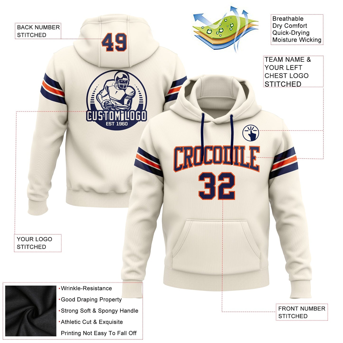 Custom Stitched Cream Navy-Orange Football Pullover Sweatshirt Hoodie view 2