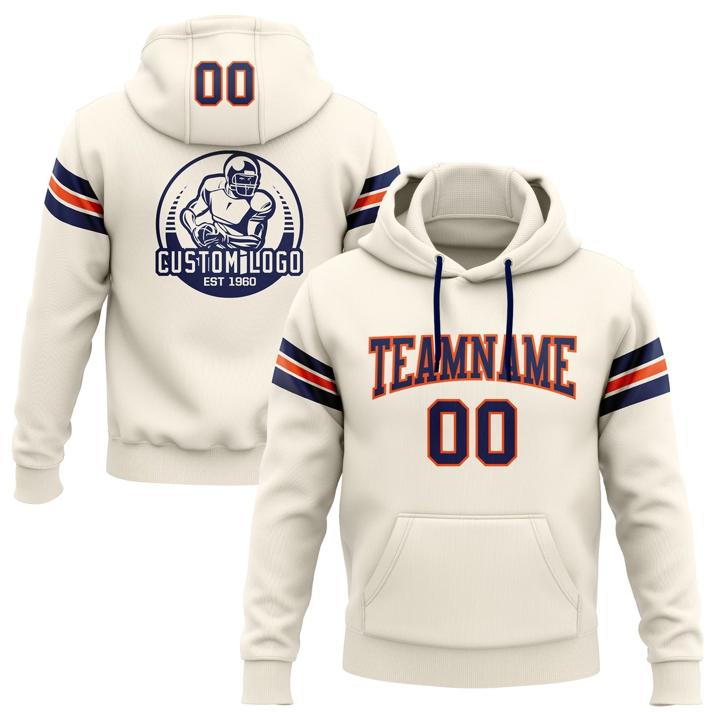 Custom Stitched Cream Navy-Orange Football Pullover Sweatshirt Hoodie - Main View