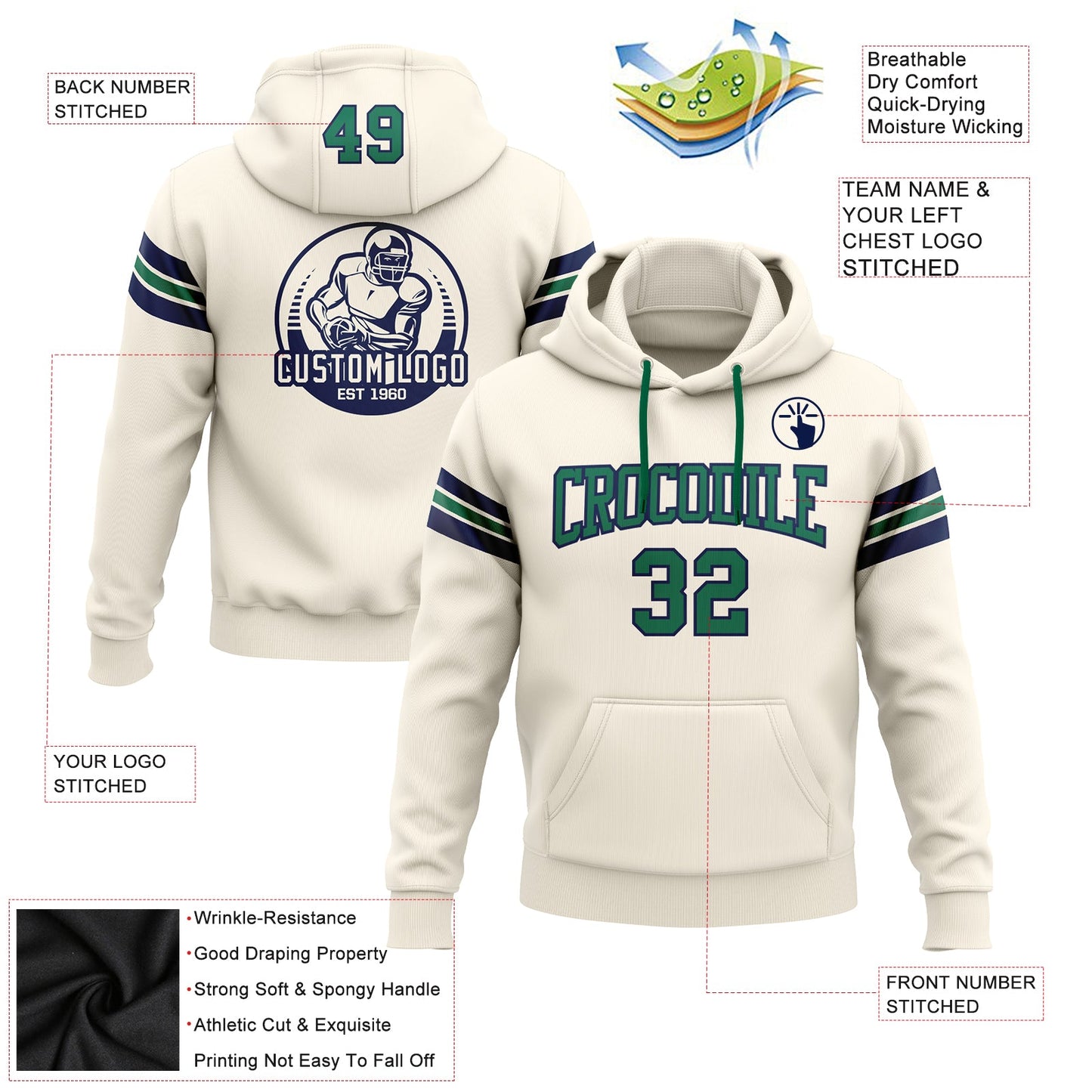 Custom Stitched Cream Kelly Green-Navy Football Pullover Sweatshirt Hoodie view 2