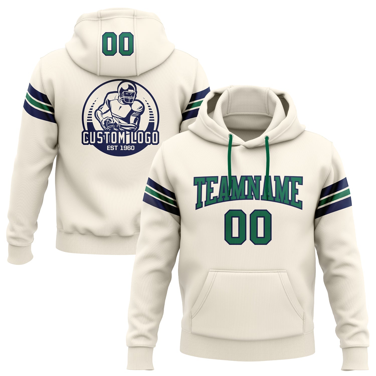 Custom Stitched Cream Kelly Green-Navy Football Pullover Sweatshirt Hoodie - Main View