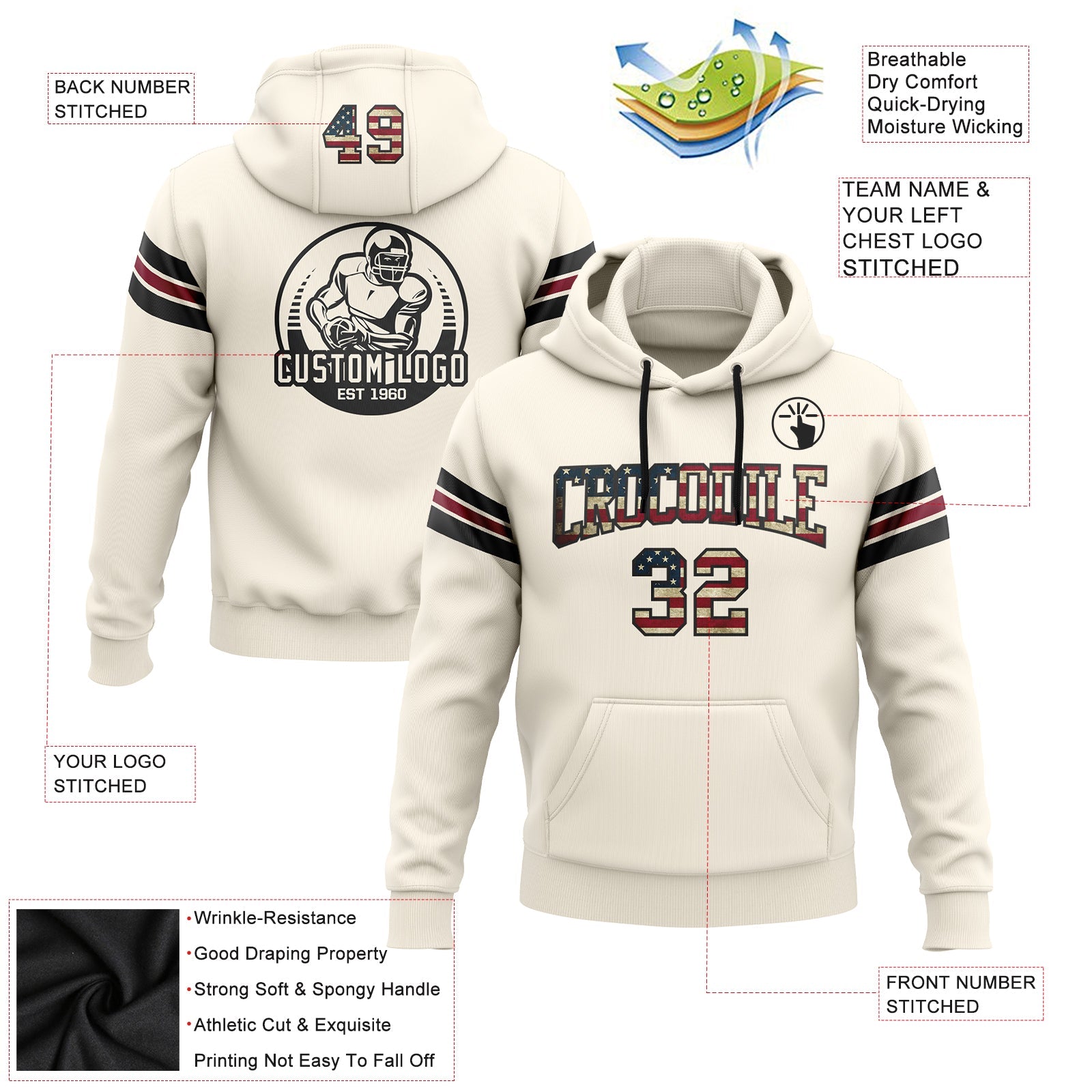 Custom Stitched Cream Vintage USA Flag Black-Crimson Football Pullover Sweatshirt Hoodie view 2