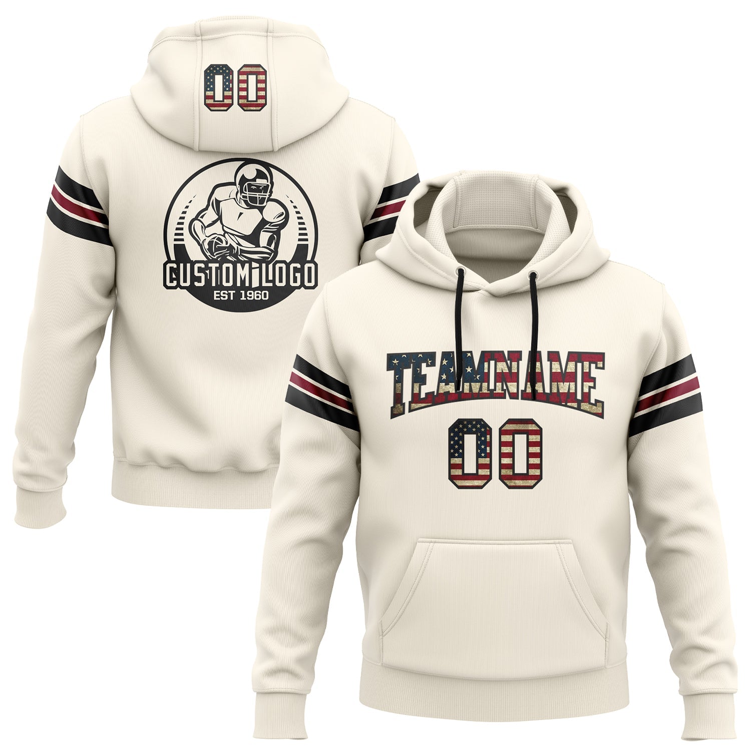 Custom Stitched Cream Vintage USA Flag Black-Crimson Football Pullover Sweatshirt Hoodie - Main View