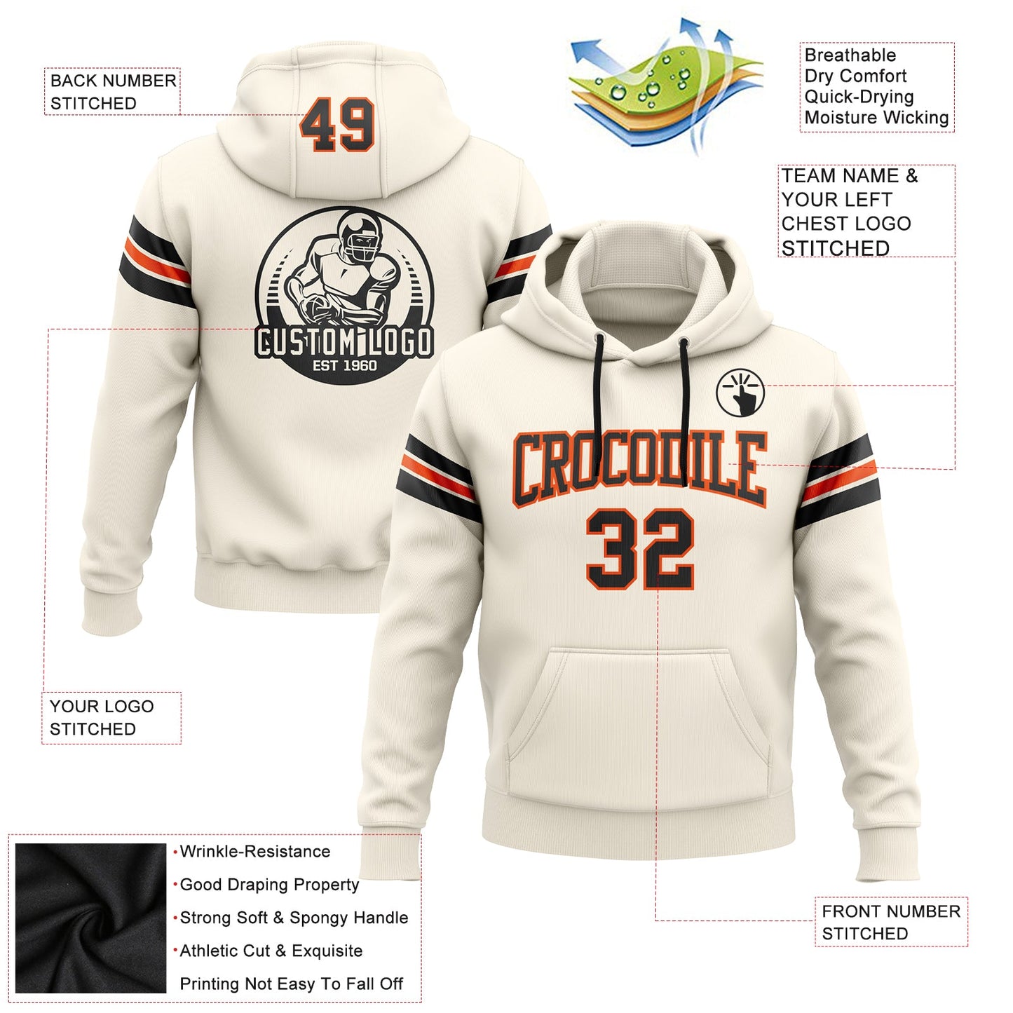 Custom Stitched Cream Black-Orange Football Pullover Sweatshirt Hoodie view 2